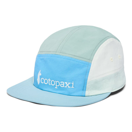 Light blue and white baseball cap with Cotopaxi logo.