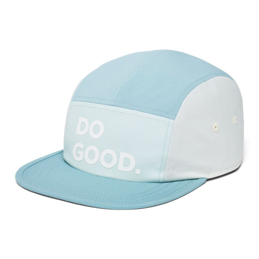 Pale blue baseball cap by Cotopaxi with Do Good screen printed on the front.