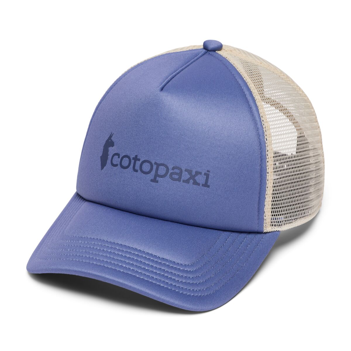 Cornflower blue and beige trucker cap with Cotopaxi llama logo on the front.