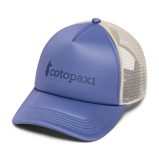 Cornflower blue and beige trucker cap with Cotopaxi llama logo on the front.