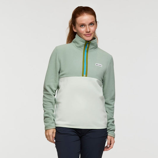 Soft green half zip recycled fleece by Cotopaxi.