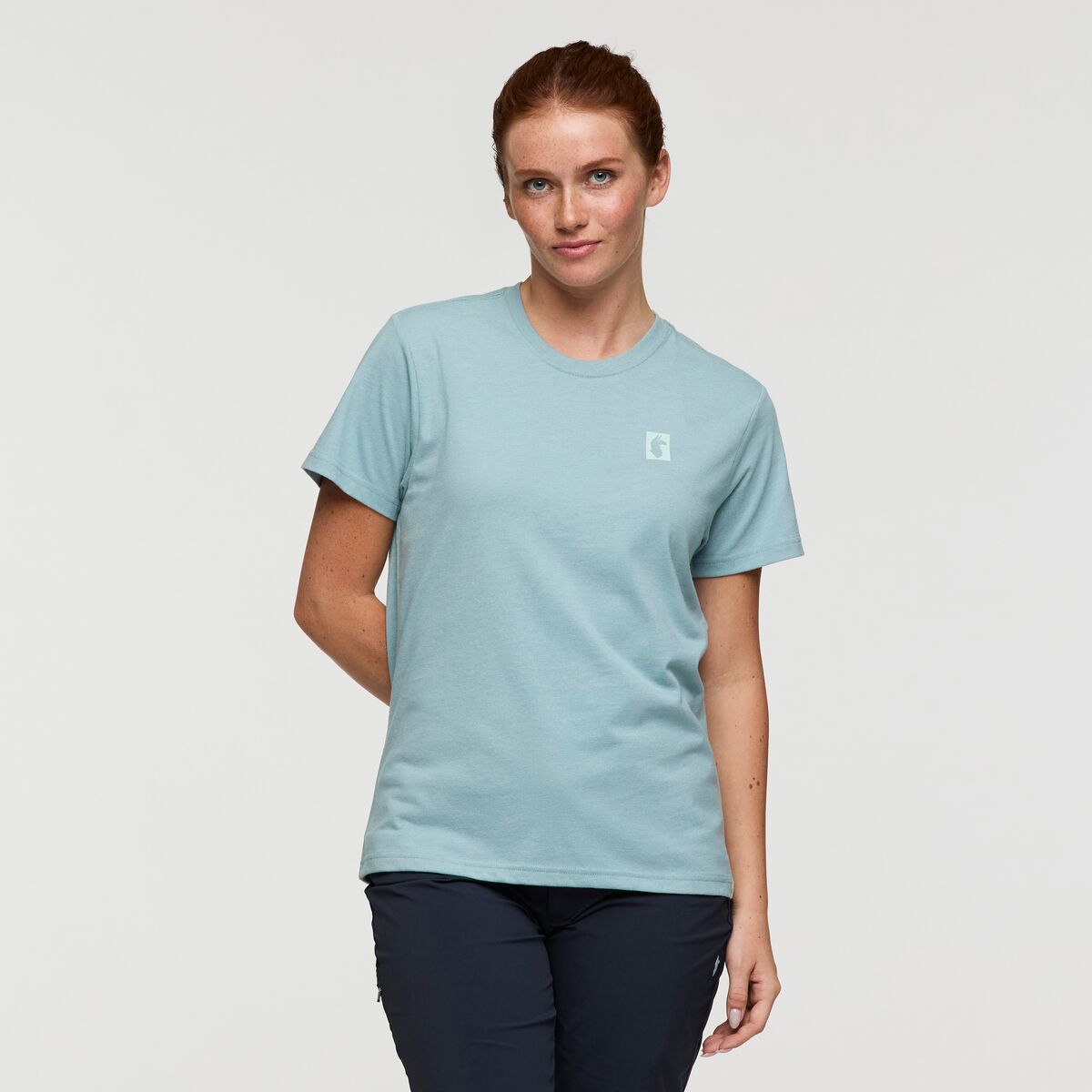 Pale blue T-shirt with llama logo by Cotopaxi.