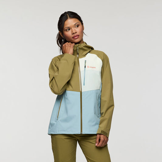 Hooded shell jacket by Cotopaxi in moss khaki green and pale ice blue.