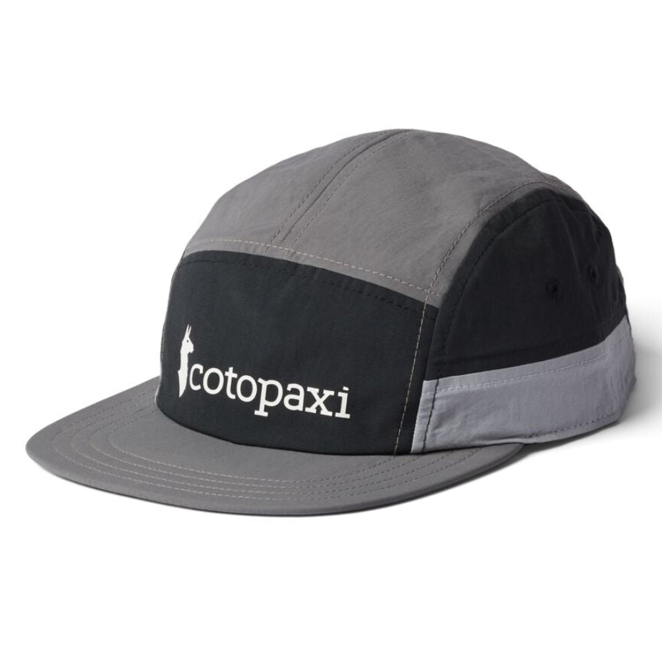 Grey and black baseball cap with Cotopaxi logo.