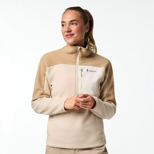 Soft khaki and warm cream half zip recycled fleece by Cotopaxi.