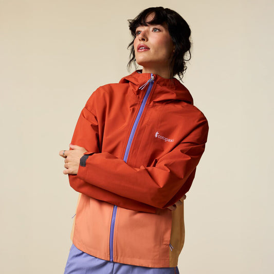 Two tone orange hooded raincoat by Cotopaxi.