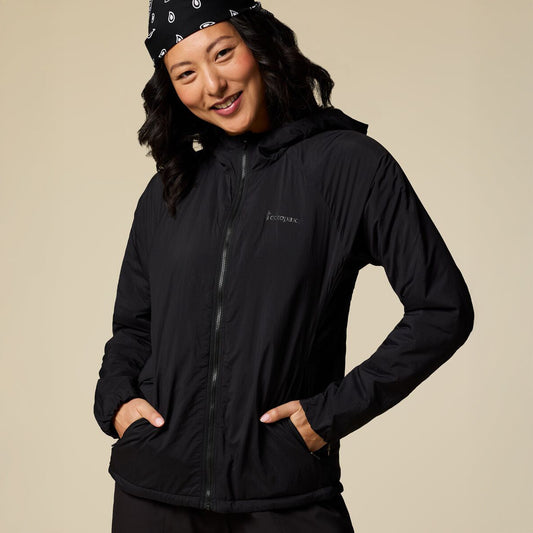 Black hooded insulated zip up jacket by Cotopaxi.