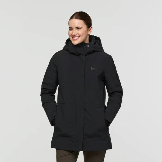 Black hooded down parka by Cotopaxi.