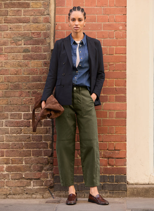 Amelia Organic Cotton Barrel Leg Cargo Trousers / Dark Olive