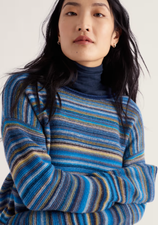 Blue striped jumper.