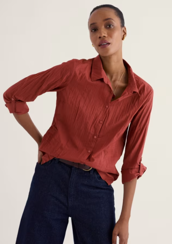 Rust coloured organic cotton shirt.