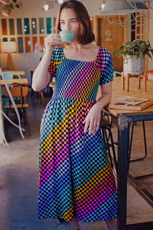 Jolene Shirred Midi Dress - Black/Multi, Rainbow Checkerboard
