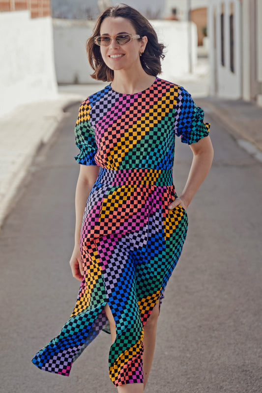 Lindsey Midi Shirred Dress - Black/Multi, Rainbow Checkerboard