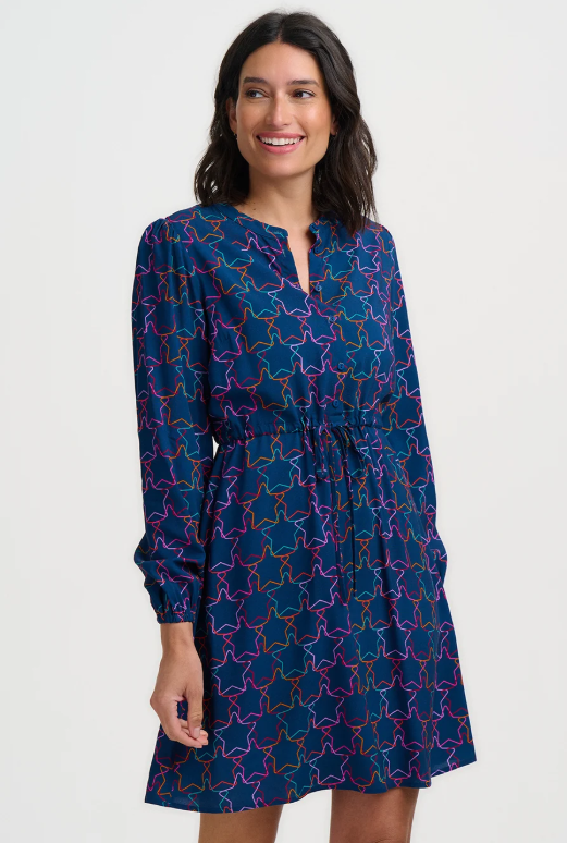 Deep teal shirt dress with long sleeves and geometric star pattern.