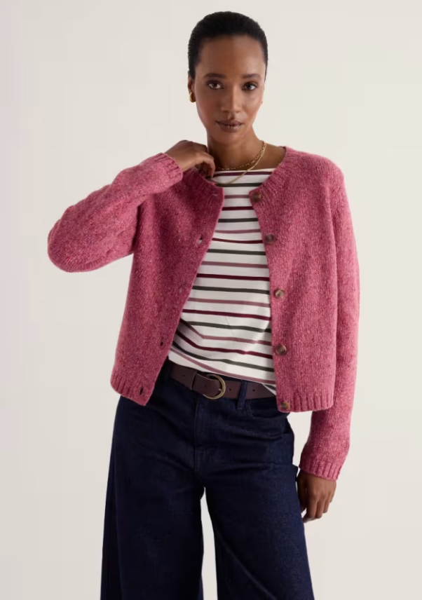 Pink heathered merino blend cardigan.