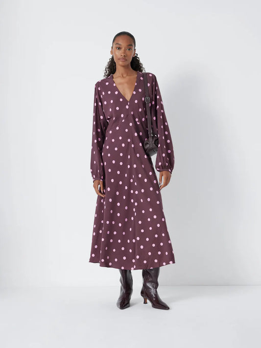 Soft plum polka dot dress with pink spots