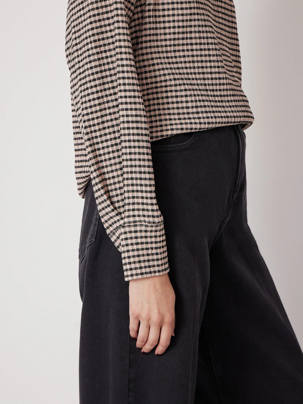 Emily Gingham Puff Sleeve Top - Taupe Brown