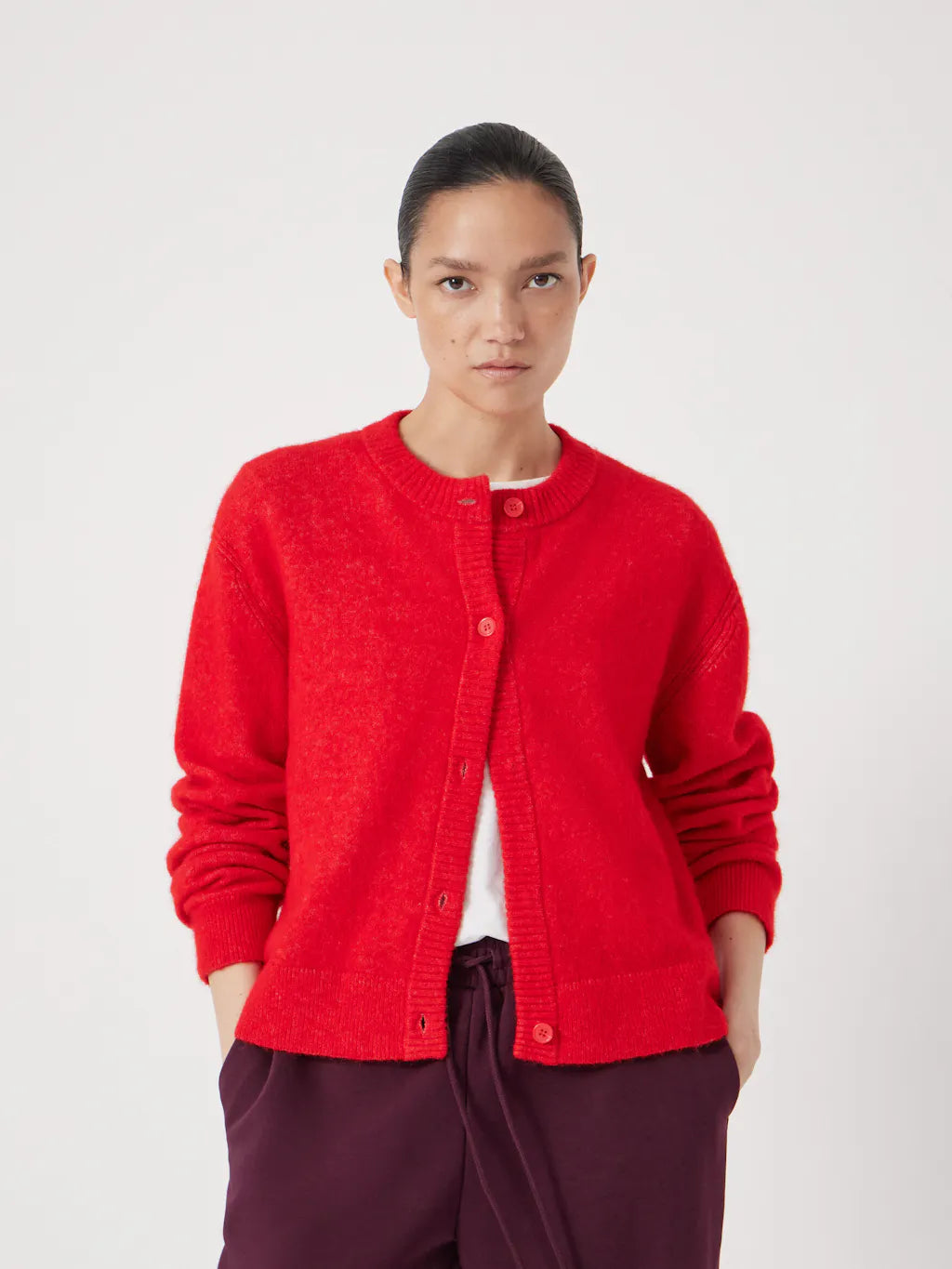 Juni Crew Neck Wool Blend Cardigan - Fiery Red