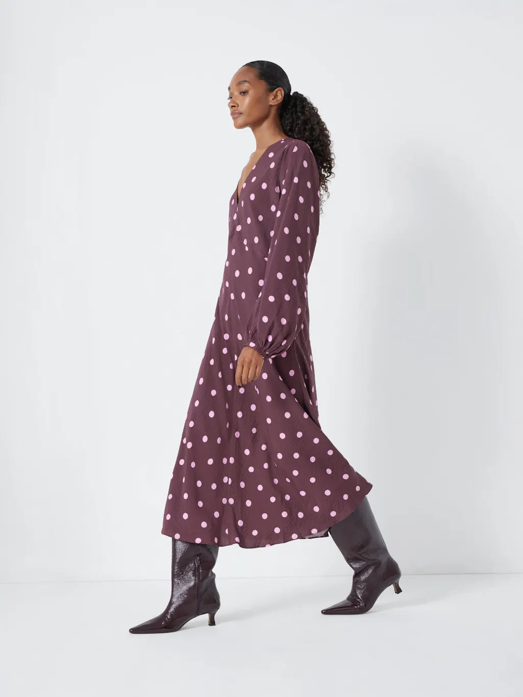 Grace V-neck Long Sleeve Dress - Polka Dot Burgundy