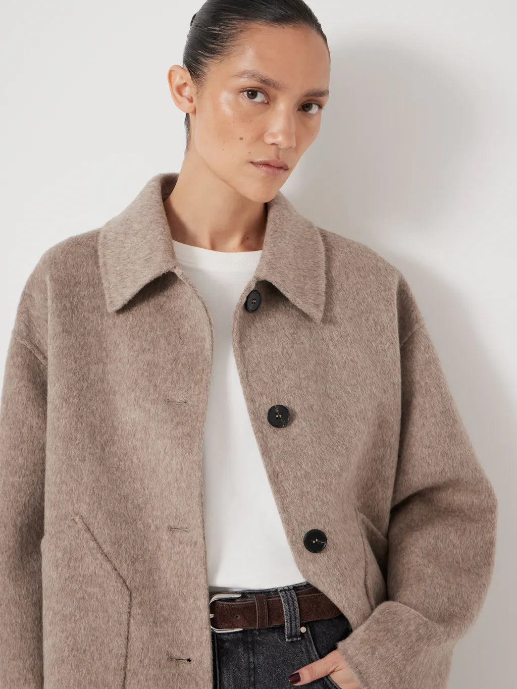 soft taupe wool jacket with black buttons