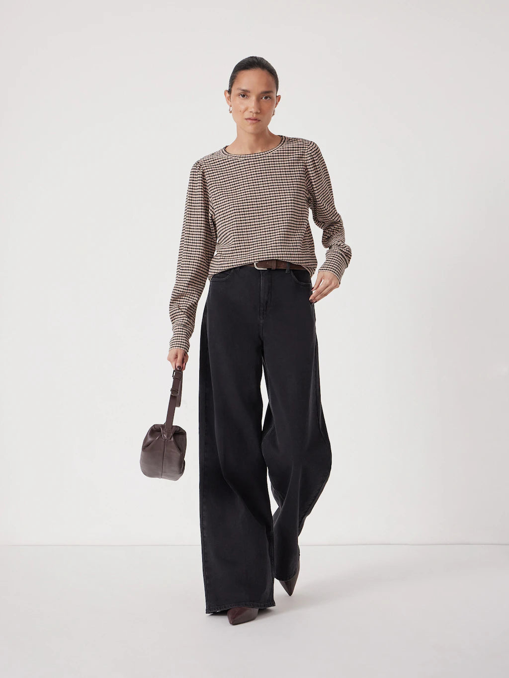 Emily Gingham Puff Sleeve Top - Taupe Brown