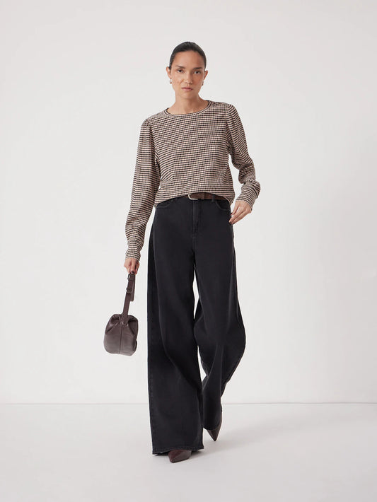 Emily Gingham Puff Sleeve Top - Taupe Brown