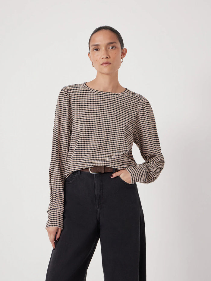 Taupe brown gingham puff sleeve top.