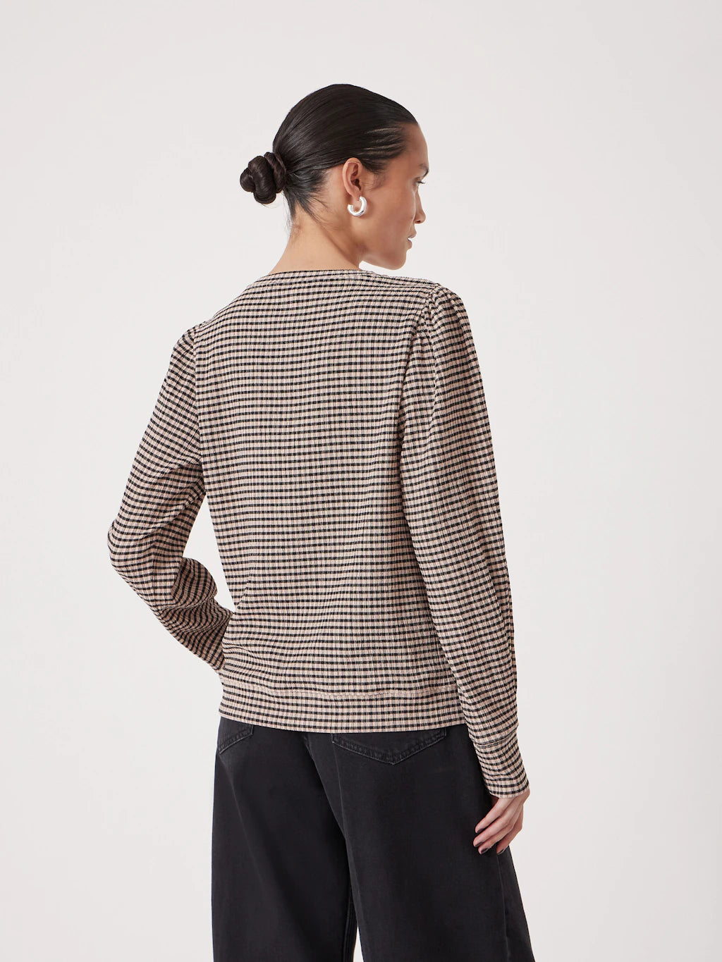 Emily Gingham Puff Sleeve Top - Taupe Brown