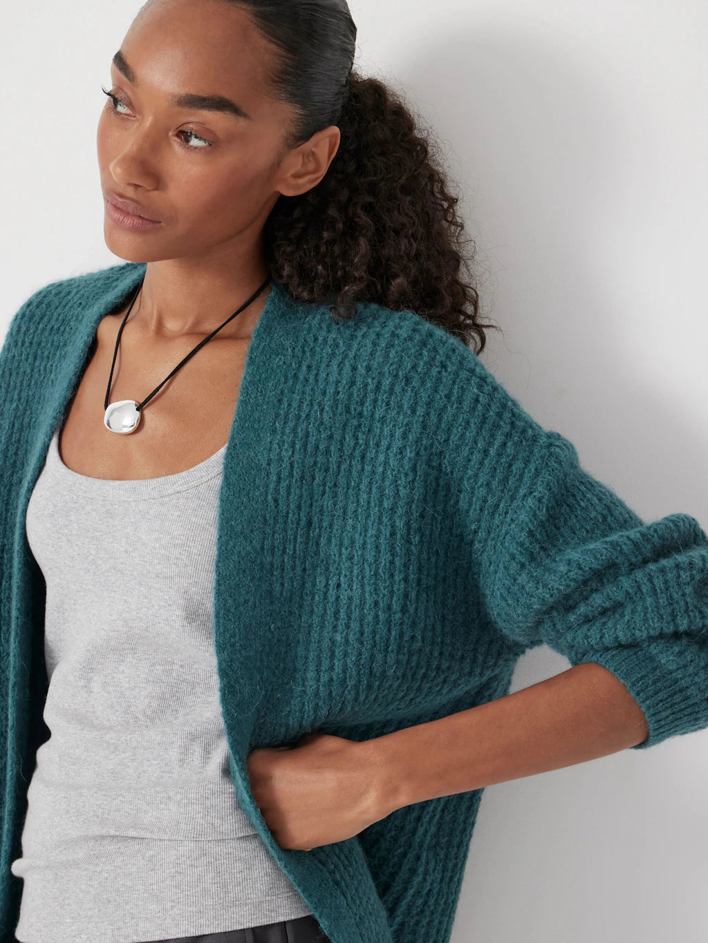 Flossie Waffle Stitch Wool Blend Edge to Edge Cardigan - Teal Blue
