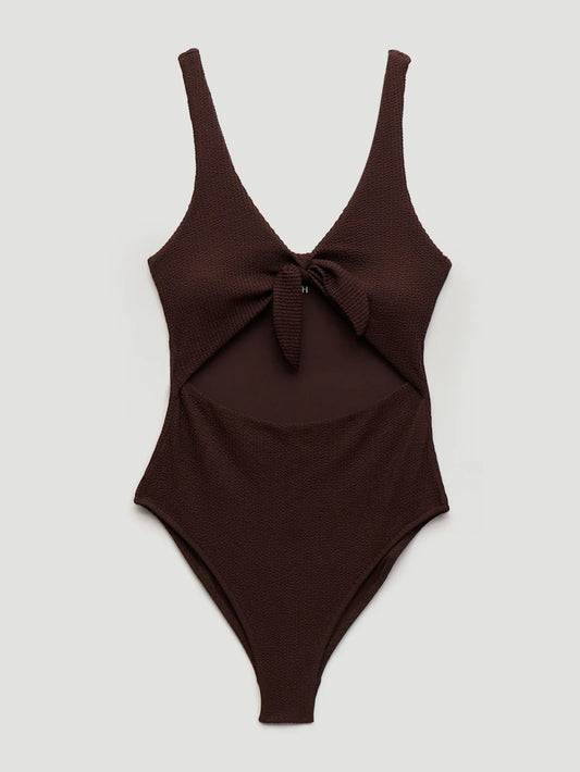 Maren Crinkle Tie Front Swimsuit - Dark Brown