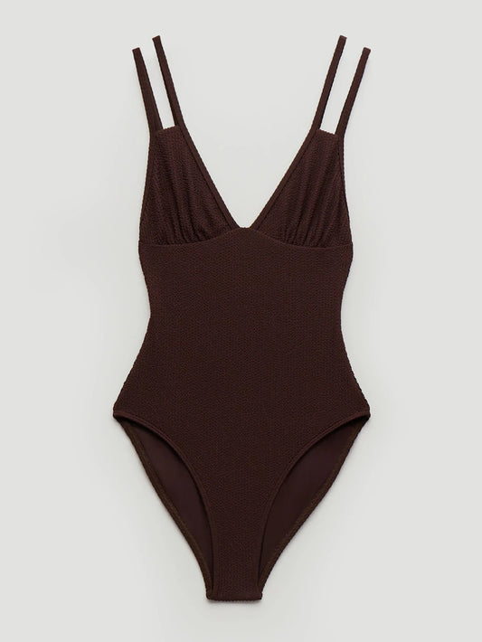 Dina Crinkle Double Strap Swimsuit - Dark Brown