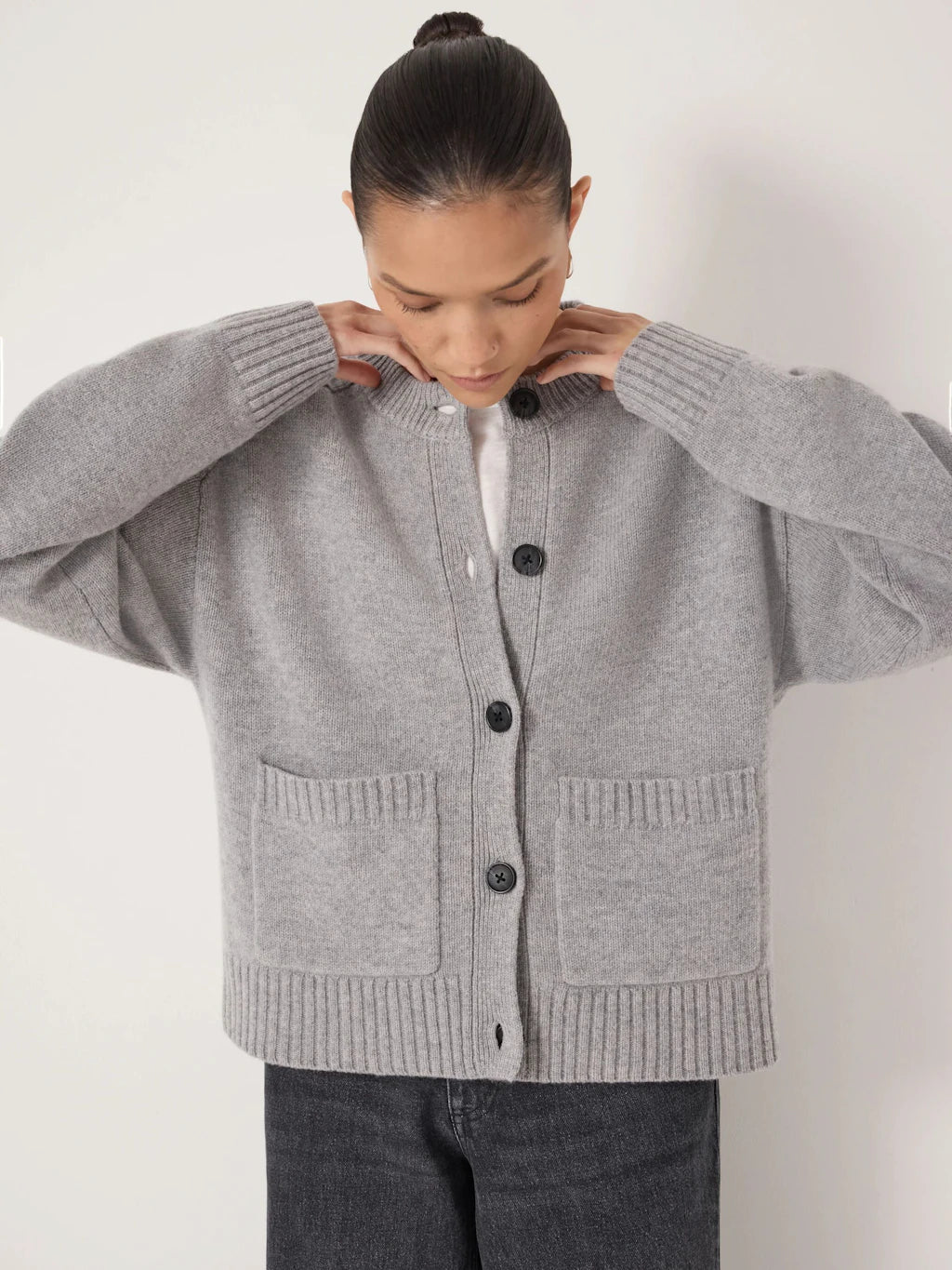 Soph Crew Neck Merino Cardigan - Mid Grey Marl
