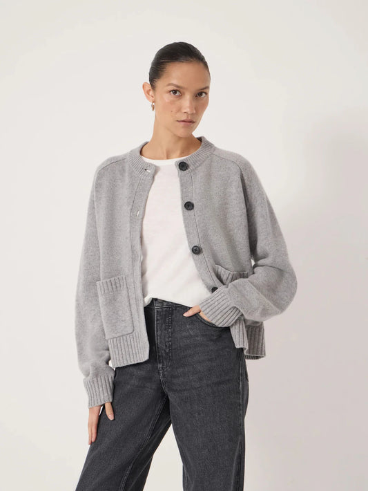 Grey merino round neck cardigan.