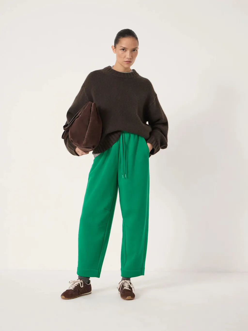 Emerald green jogging bottoms.
