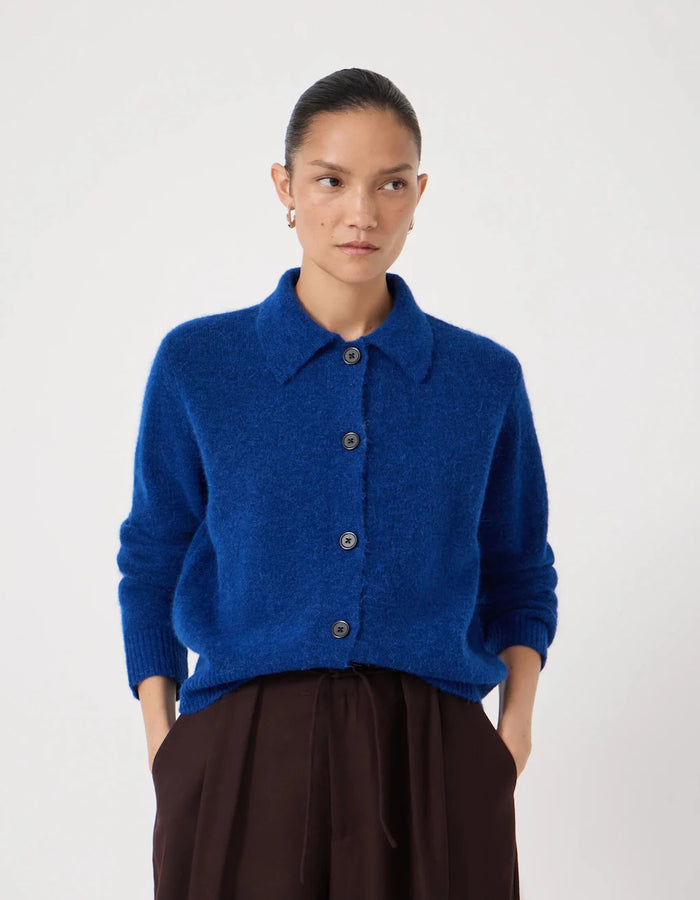Cedar Wool Blend Collar Detail Cardigan - Deep Blue