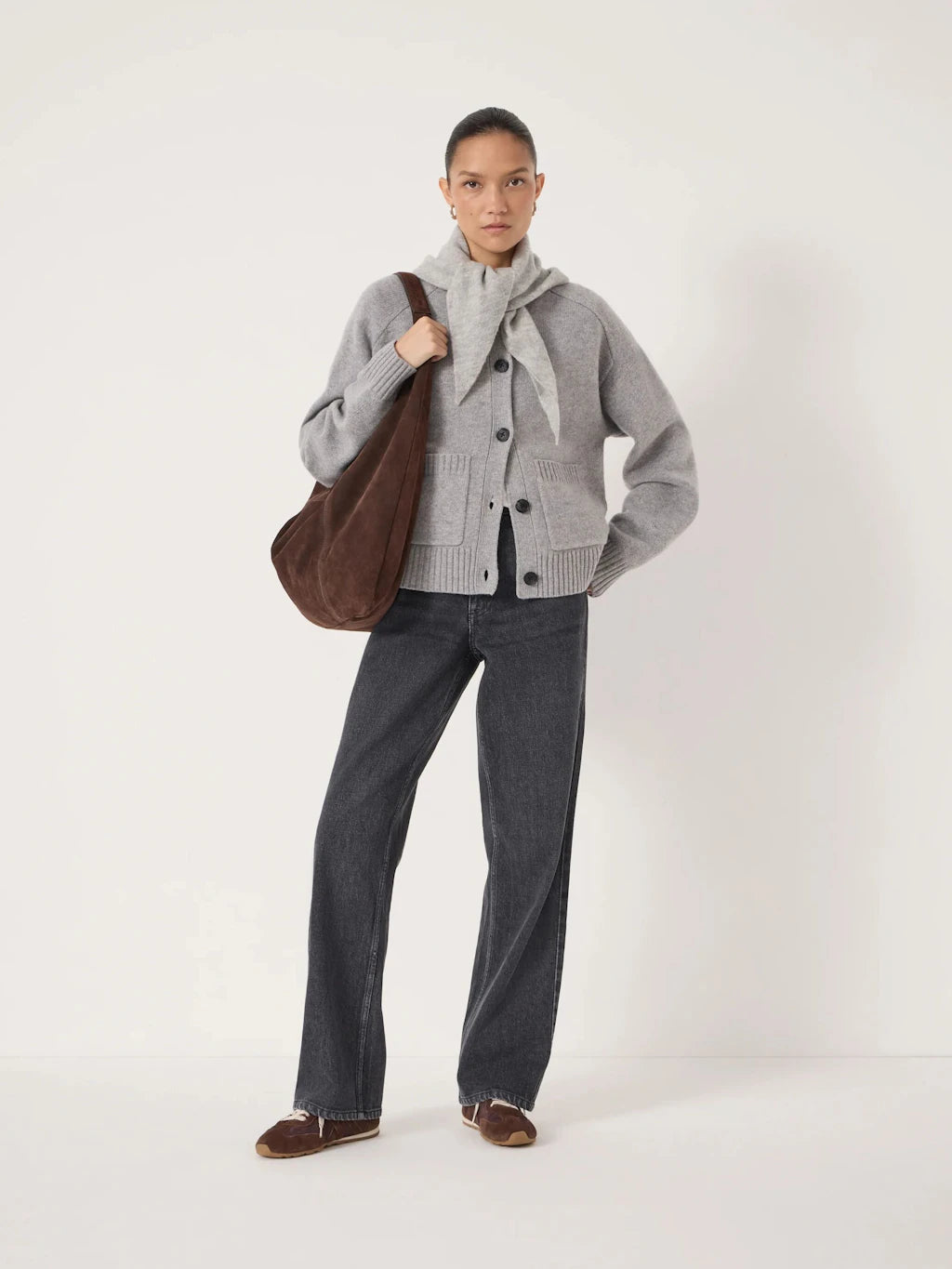 Soph Crew Neck Merino Cardigan - Mid Grey Marl