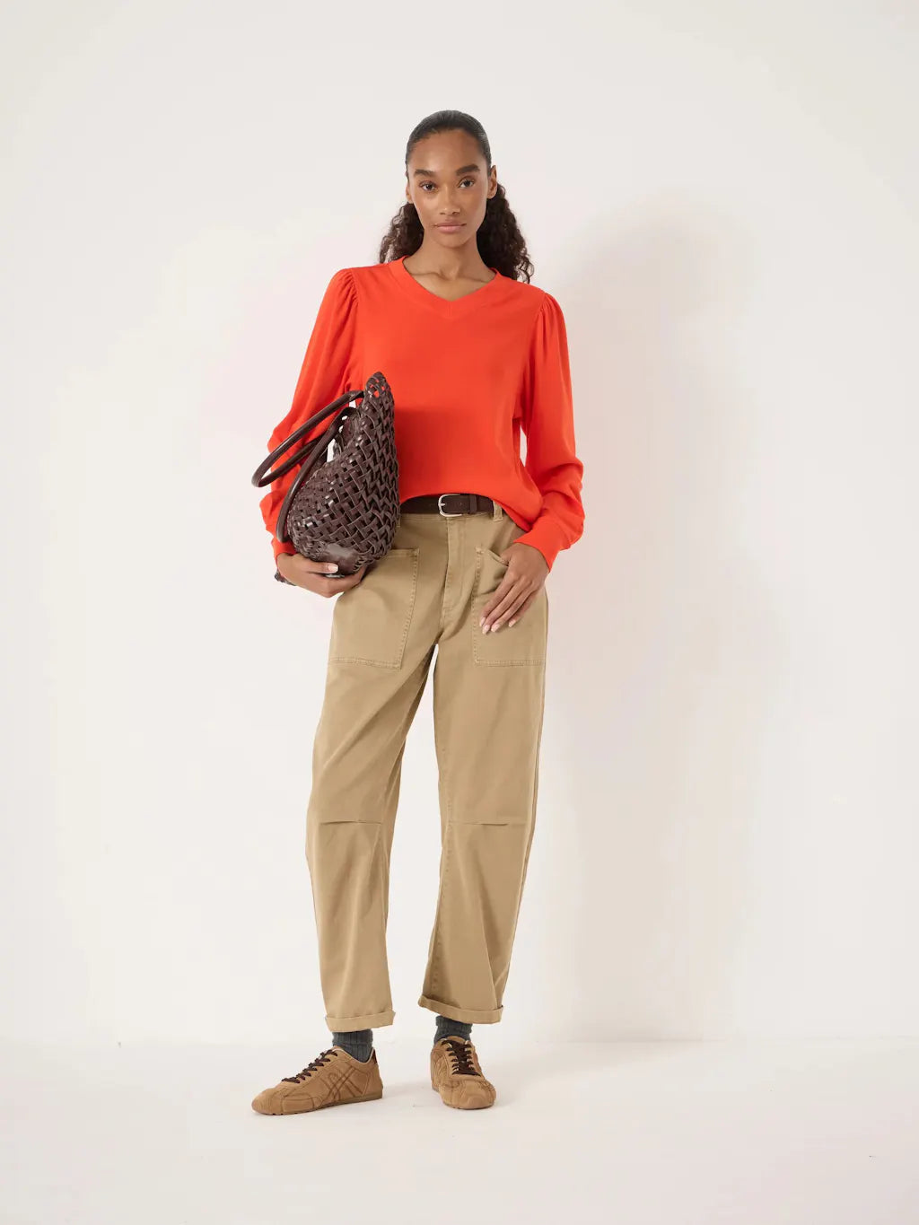 Emily V-Neck Puff Sleeve Top - Orange Red