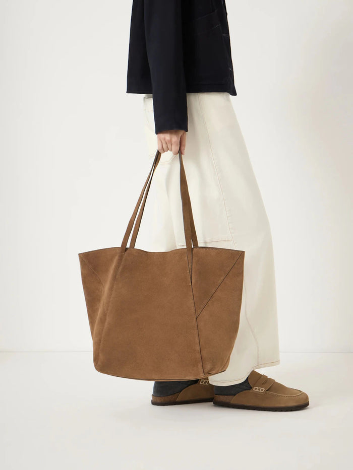 Caramel brown suede tote bag.
