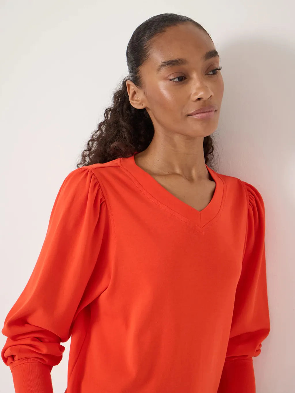 Emily V-Neck Puff Sleeve Top - Orange Red