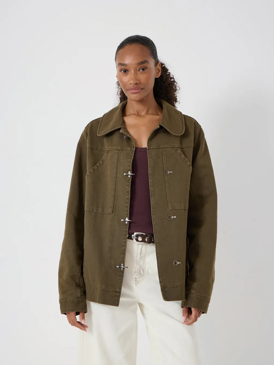 Olive-brown jacket with a relaxed fit, patch pockets and toggle-style fastenings