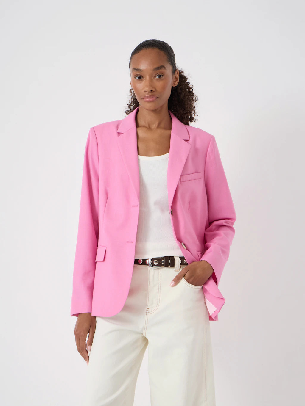 Bubblegum pink wool blend blazer.