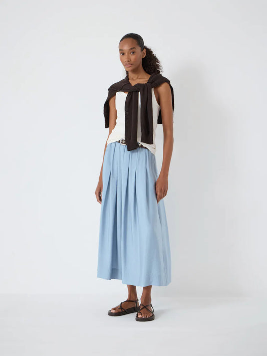 Light blue midi skirt.