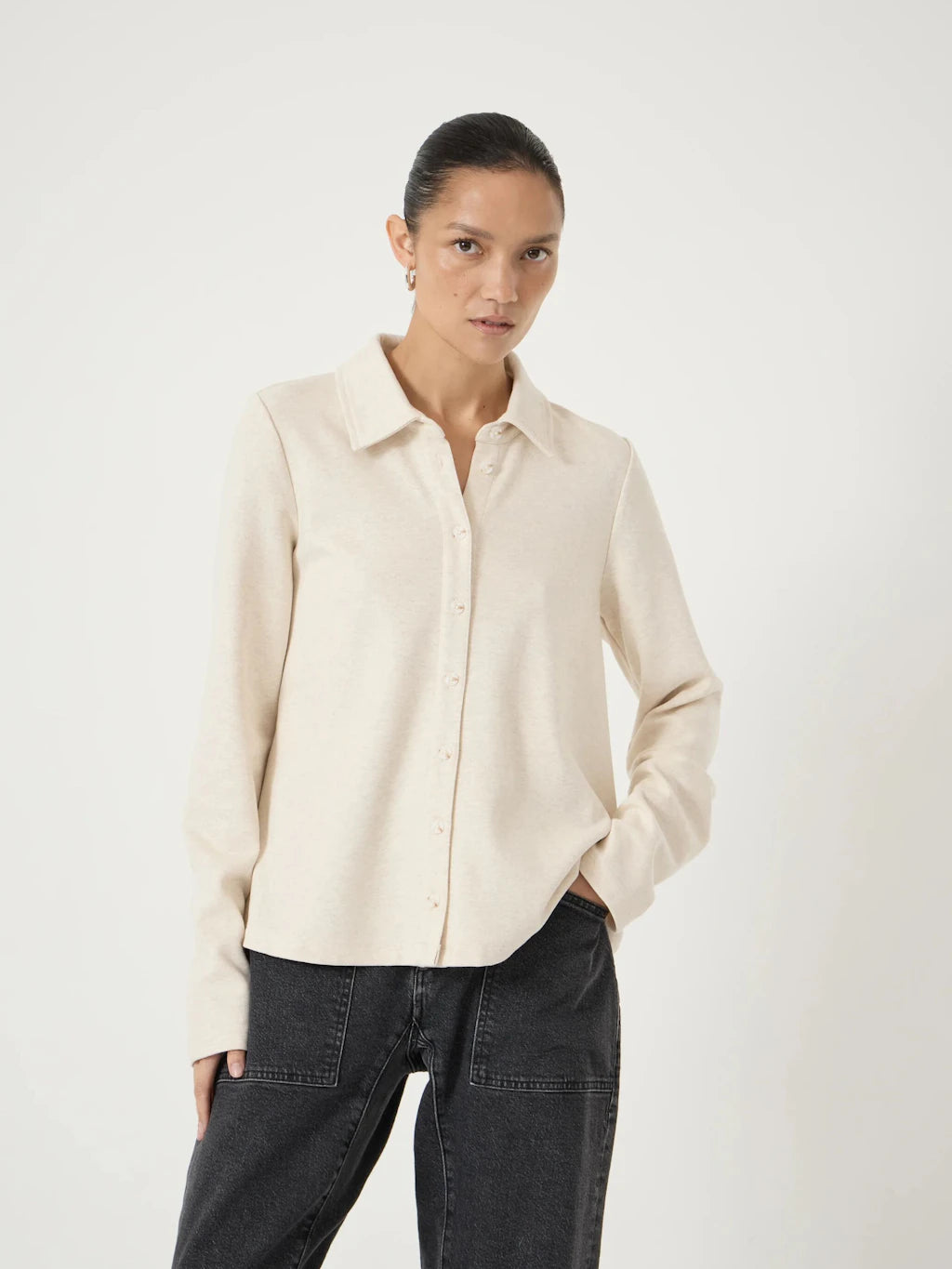 Oatmeal marl long-sleeve polo top.