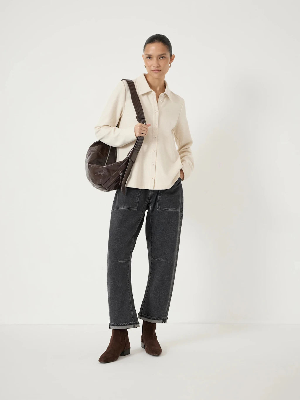 Noa Button A-Line Polo Top - Oatmeal Marl