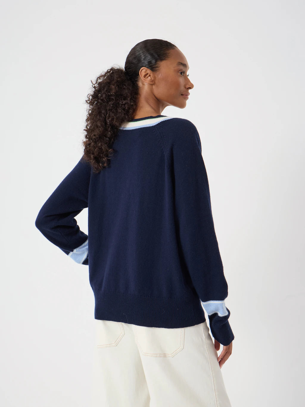 Freddie Wool Blend Contrast Trim Jumper - Navy Blue