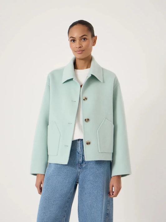 Soft mint green cropped wool jacket with a collar and button front.