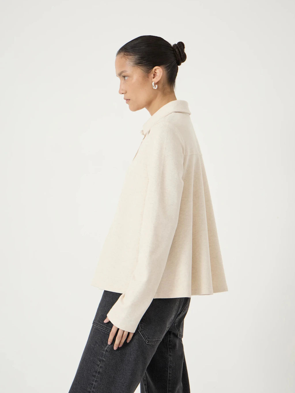 Noa Button A-Line Polo Top - Oatmeal Marl