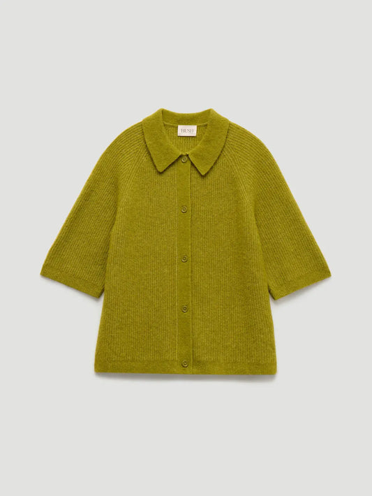 Mossy yellow-green short-sleeve knitted cardigan with a collar, button front, and soft textured finish.