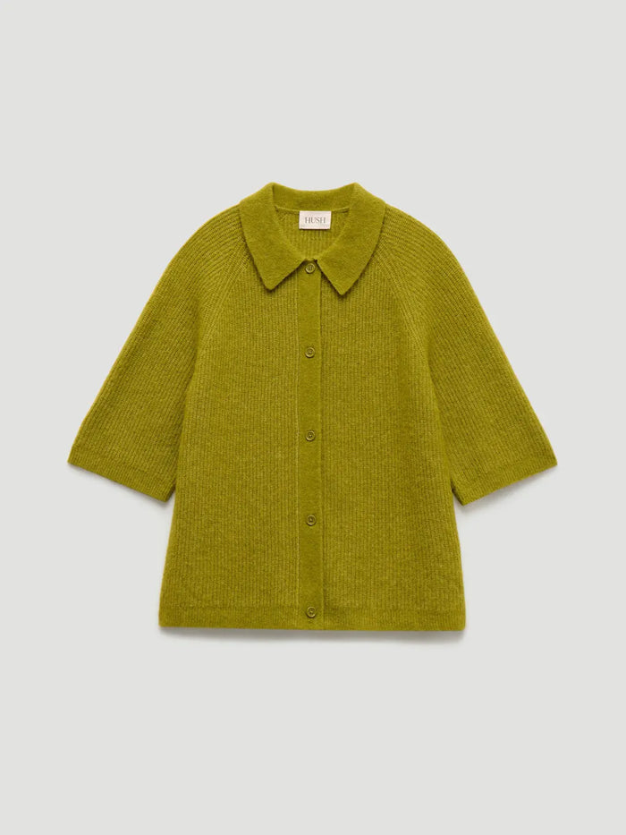 Mossy yellow-green short-sleeve knitted cardigan with a collar, button front, and soft textured finish.