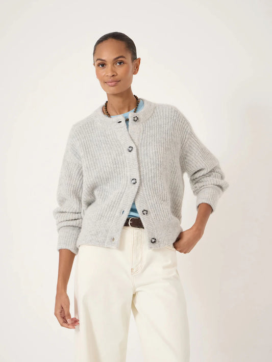 Pale grey wool blend round neck cardigan.